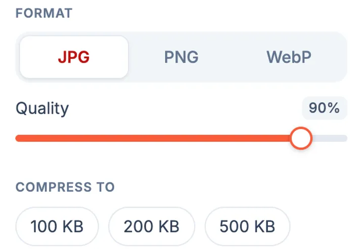 Das Format-Panel des Editors: JPG, PNG und WebP, ein Qualitätsregler und „Komprimieren auf“ 100 KB, 200 KB und 500 KB