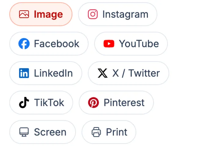 Das Größe-Panel des Editors mit Größen für Instagram, Facebook, YouTube, LinkedIn, X, TikTok, Pinterest, Bildschirm und Druck
